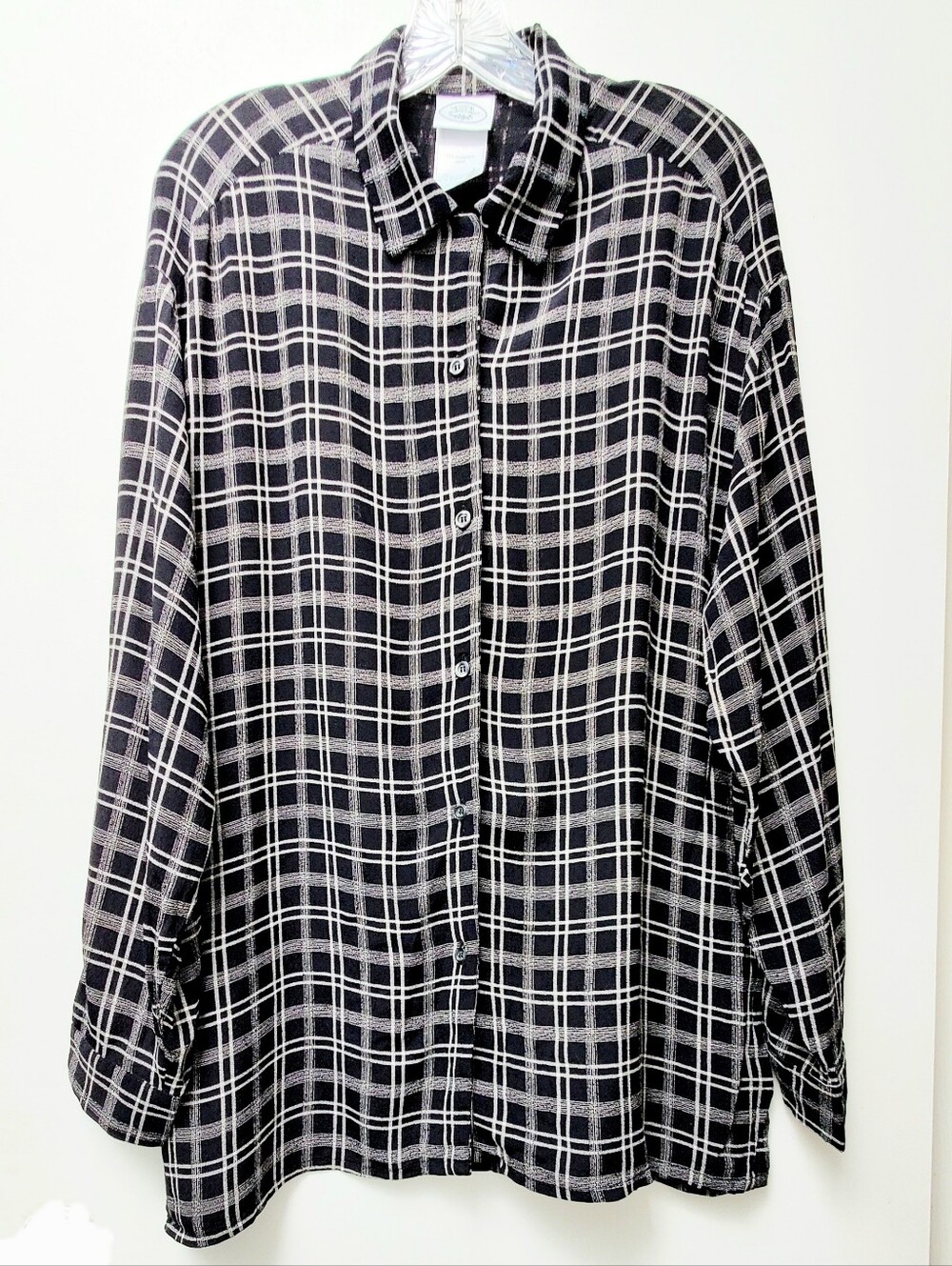 Laura Ashley Vintage Made In UK Black White Plaid Button-Up Tunic Shirt Size 10